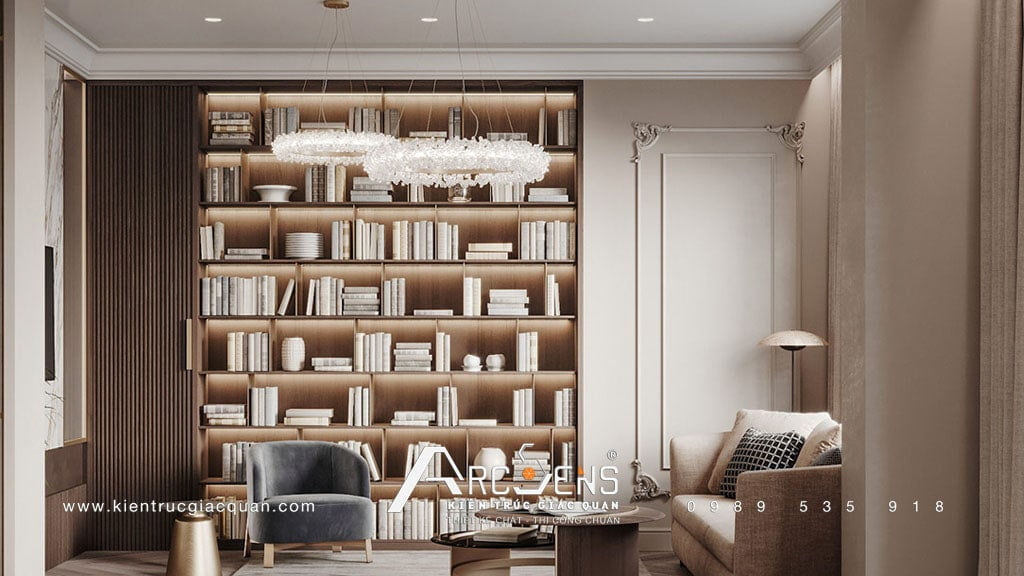 Không gian phòng đọc sách được thiết kế theo phong cách tân cổ điển 